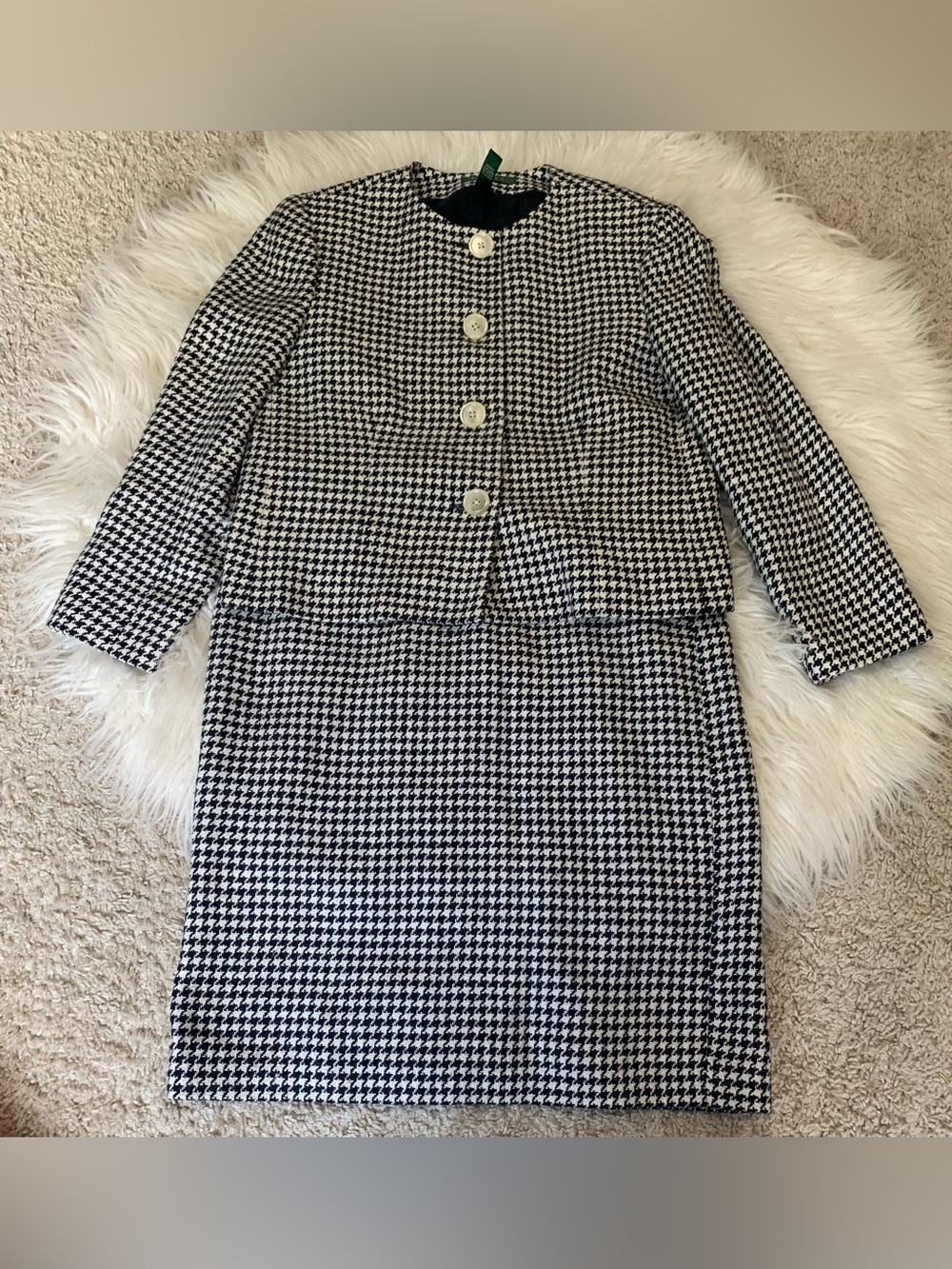 Ralph Lauren Houndstooth Cropped Jacket Blazer Skirt Set Blue White Size 8/10
